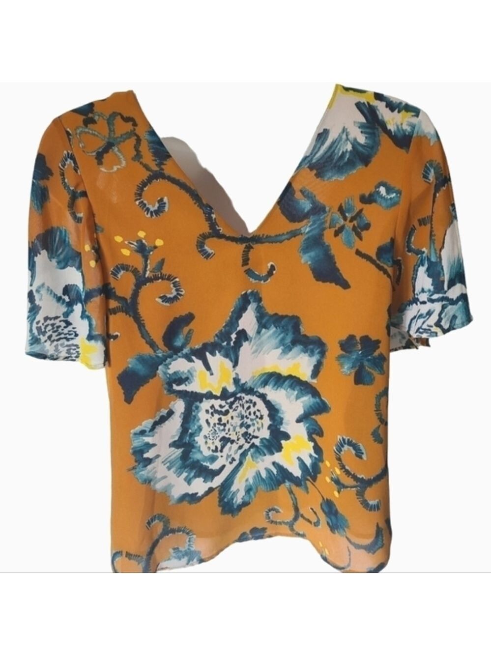 H & M Goldenrod Sheer Floral Print Short Sleeve Blouse Size Small